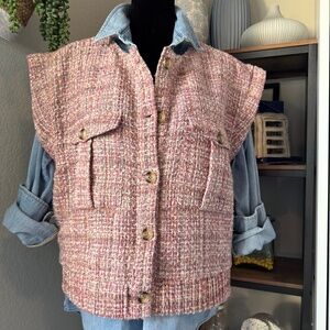 Maeve by Anthropologie Pink Plaid Boucle Vest - Size L - Like New!